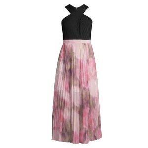 Ted Baker Loulous Cross Front Pleated Midi Dress Stretch Bodice Black Pink 6